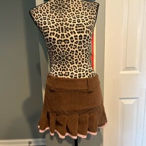 Brown Pleated Corduroy Mini Skirt with Pink Lace Trim